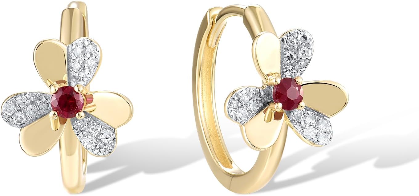 Santuzza 10K Solid Gold Flower Leaf Genuine Diamond Dainty Huggie Hoop Earrings for Women