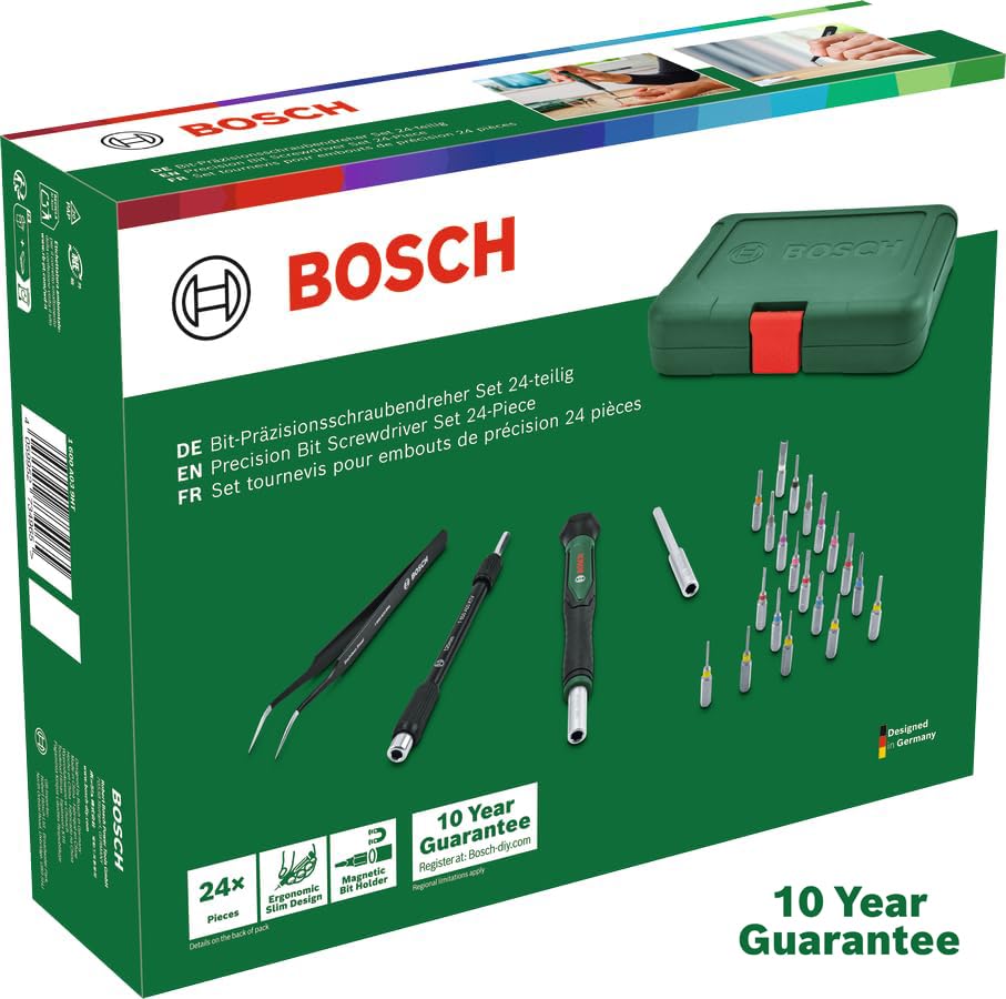 Image of BOSCH Precision Bit Screwdriver Set 24-Piece with Magnetic Holder, 20 Bits, Flexible Extension Shaft & Tweezers, Ergonomic Soft-Grip Handle | For DIY, Electronics & Repair Applications