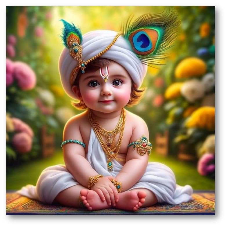 BLACKARTO Hindu Deity Baby Krishna 12" x 12" Photo Posters For Pregnant Women, Self Adhesive Premium Matte Vinyl Cute Bal Gopal Full HD Poster For Room Decoration 30 x 30 cms (Art-F, Pack Of 1)