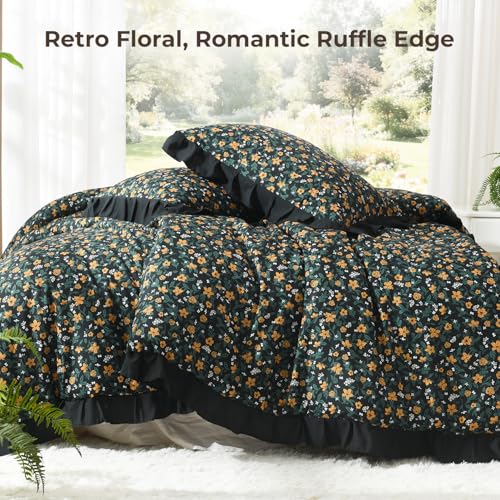Image of Litanika Floral Ruffle Full Size Comforter Set, 3 Pieces Black Farmhouse Aesthetic Soft Lightweight Fluffy Bedding Comforter Sets for Girls Women, All Season (79x90In Comforter, 2 Pillowcases)