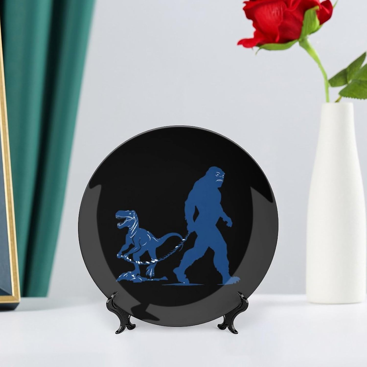 Bigfoot Sasquatch Walking Dinosaurs Bone China Decorative Plate with Stand Home Dessert Plates Gift for Men Women 7inch