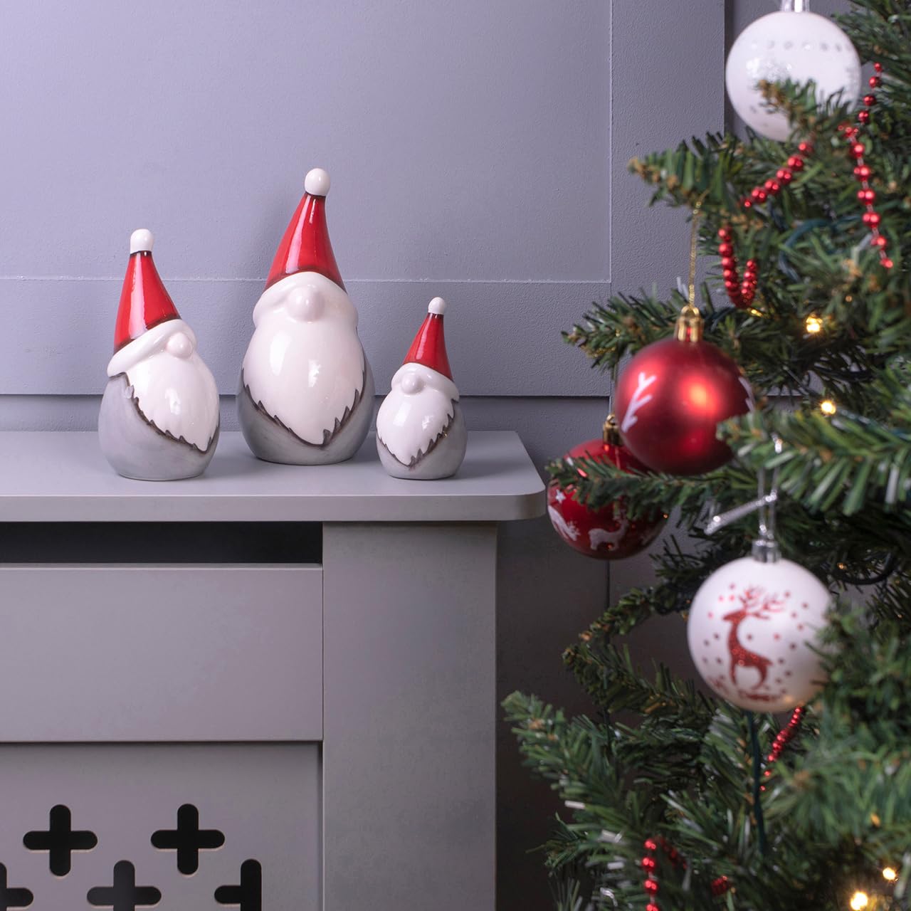 Set of 3 Ceramic Christmas Gonk Ornaments – Red White & Grey Freestanding Scandi Nordic Gnome Elf Family Figurines with Xmas Hats, Novelty Home Festive Decorations for Fireplaces Tables Stairs Shelves