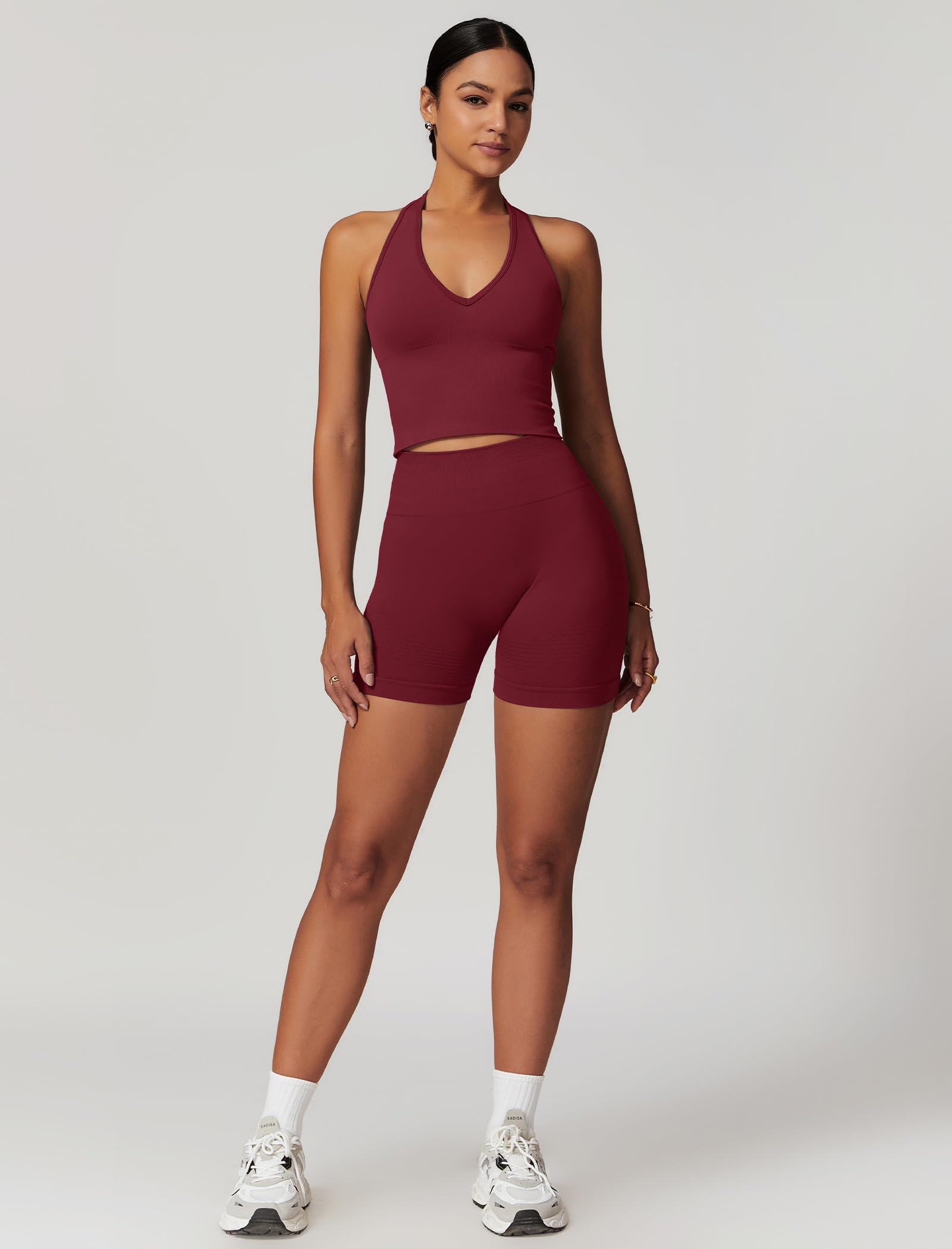 Odizli Sport Set Damen Kurz Neckholder V-Ausschnitt BH Top + High Waist Shorts Gym Fitness Outfit