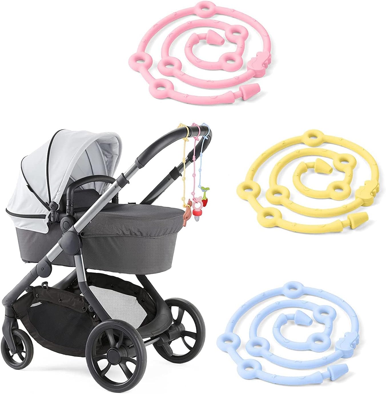 TNTAIAHL Toy Safety Straps, 3 Pack Silicone Pacifier Clips, Adjustable Pacifier Clips, Stretchable Baby Teether Toy Safety Straps, for High Chair, Shopping Trolley