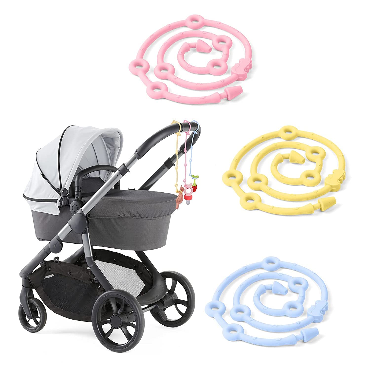 Toy Safety Straps, 3 Pack Silicone Pacifier Clips, Adjustable Pacifier Clips, Stretchable Baby Teether Toy Safety Straps, for High Chair, Shopping Trolley