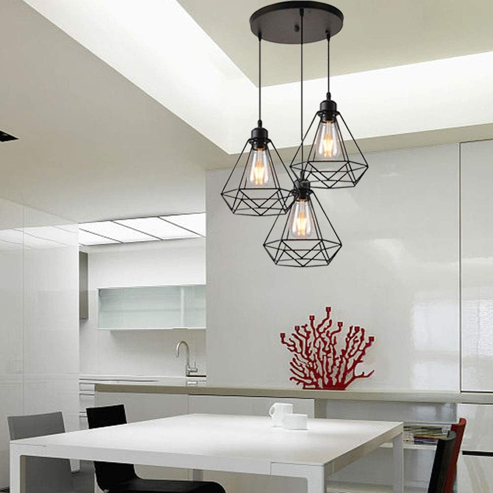 Mengjay Ceiling Pendant Light, Vintage Industrial Hanging Lamp, Chandelier Metal Black Iron Cage Diamond Shape E26 Base for Corridor, Porch, Bedroom, Store,Coffee Shop (3 Lights - 20cm) (B)
