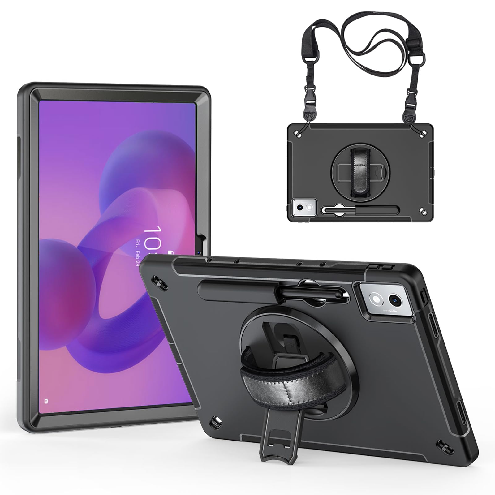 JunfireRugged Case for Lenovo Idea Tab Pro (12.7 Inch) 2025, Shockproof Protective Case with Rotating Stand, Wrist Strap, Shoulder Strap and Pen Holder Compatible with Model TB373FU/TB375FC - Black