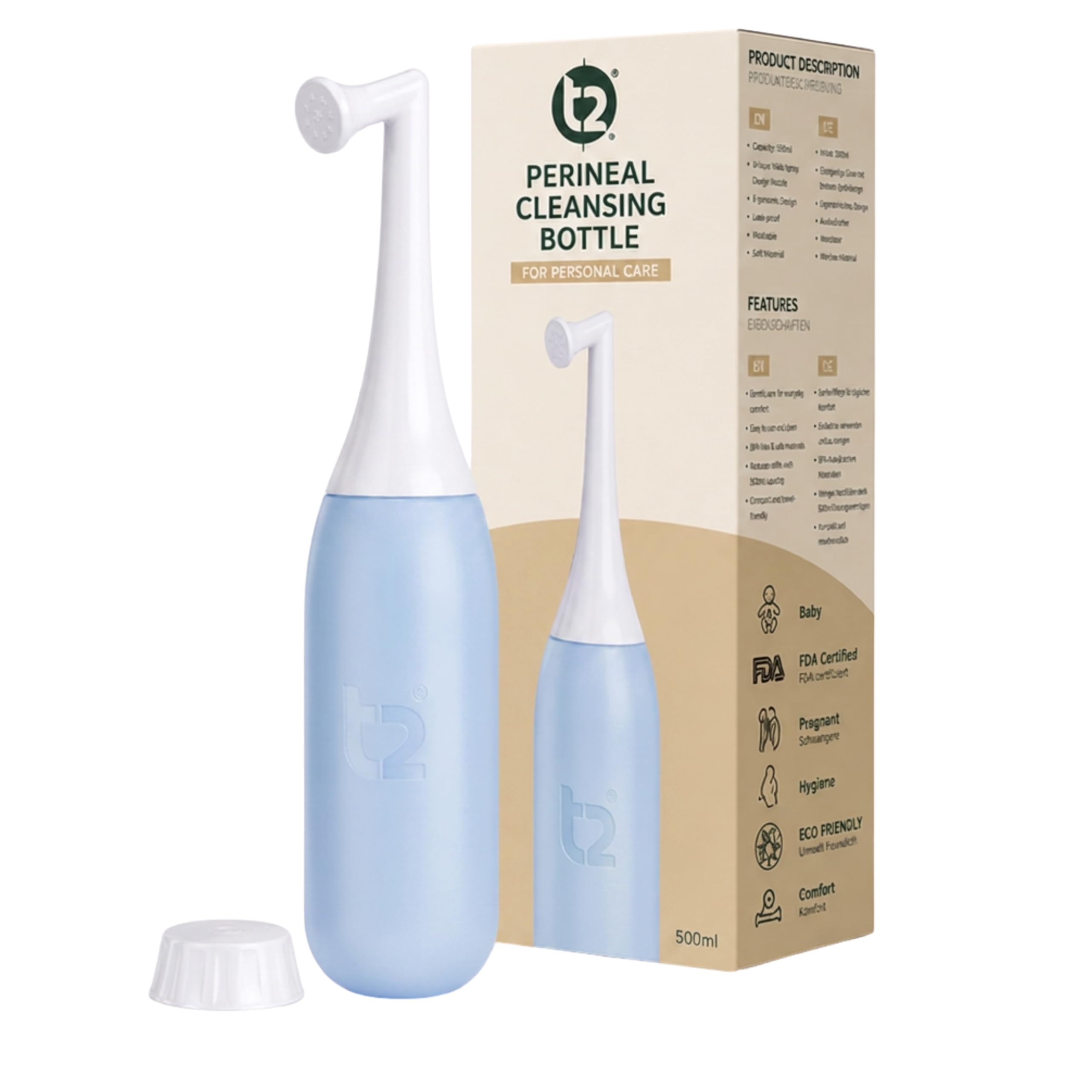 T2 500 ml Butelka Peri, butelka do czyszczenia krocza z nasadką pod kątem, przenośny bidet poporodowy, nakrętka do przenoszenia wody, torba podróżna, niebieski niebiański