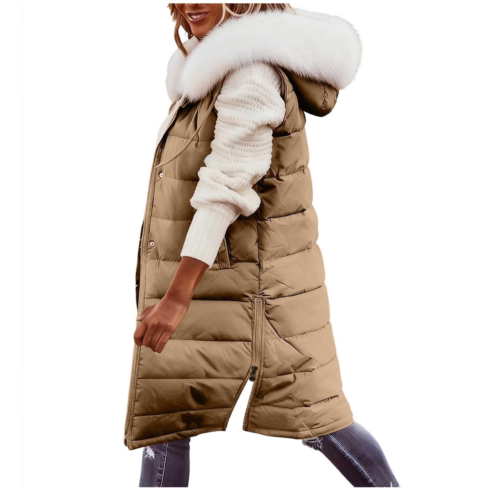 Genérico Chaqueta Plumas Mujer,Chaleco Acolchado Con Capucha De Longitud Media Cuello Falso Desmontable Y Botones Chaqueta De Corte Ajustado