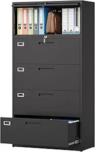 MIIIKO 4 Drawer File Cabinet with Shelf, 5 Tier Metal Lateral Filing Cabinet with Lock, 36 Wide Drawers File Cabinets Storage Letter Legal Files Books File Boxes for Home Office