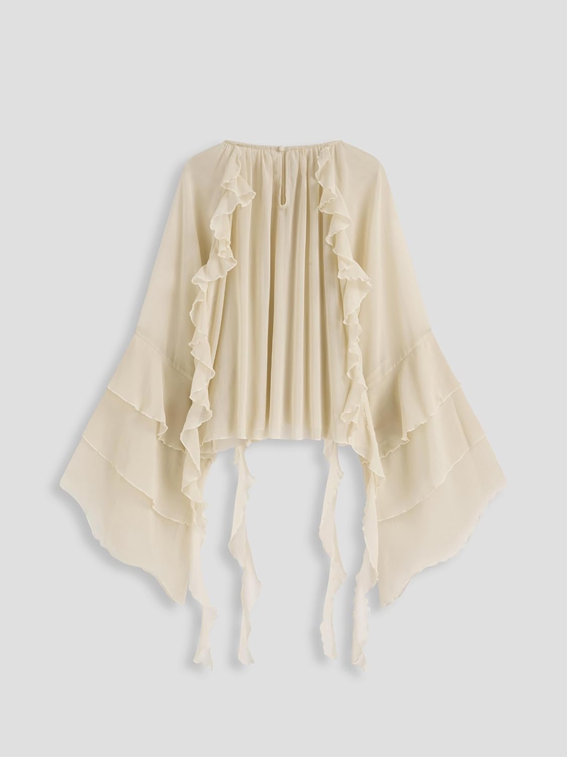 CIDER Womens Blouse Dressy Casual Crew Neck See Through Ruffle Hem Bell Sleeve Loose Fit Chiffon Blouse - Image 5