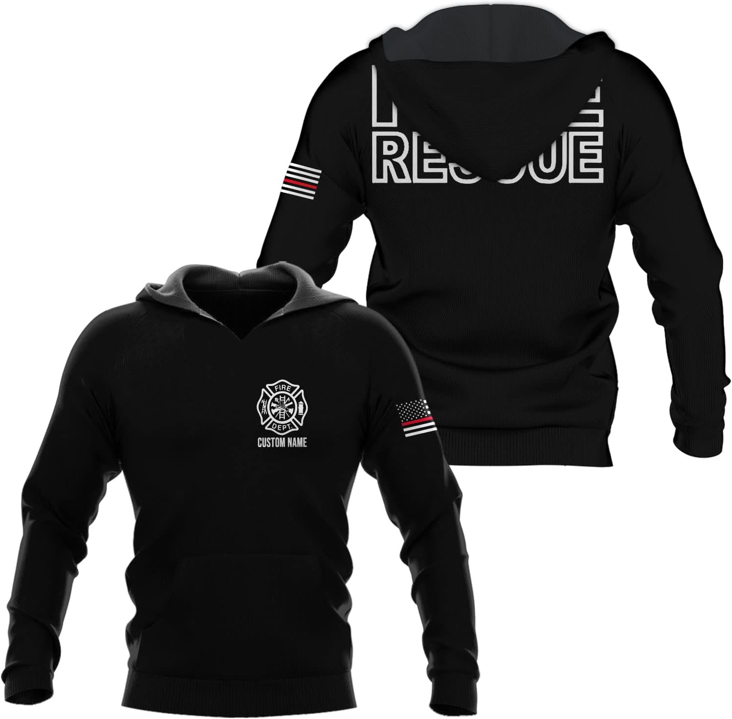 CustomPersonalized Name Firefighter Patriotic Thin Red Line Firefighter USA Flag Hoodie for Men and Women Full Size S-5XL