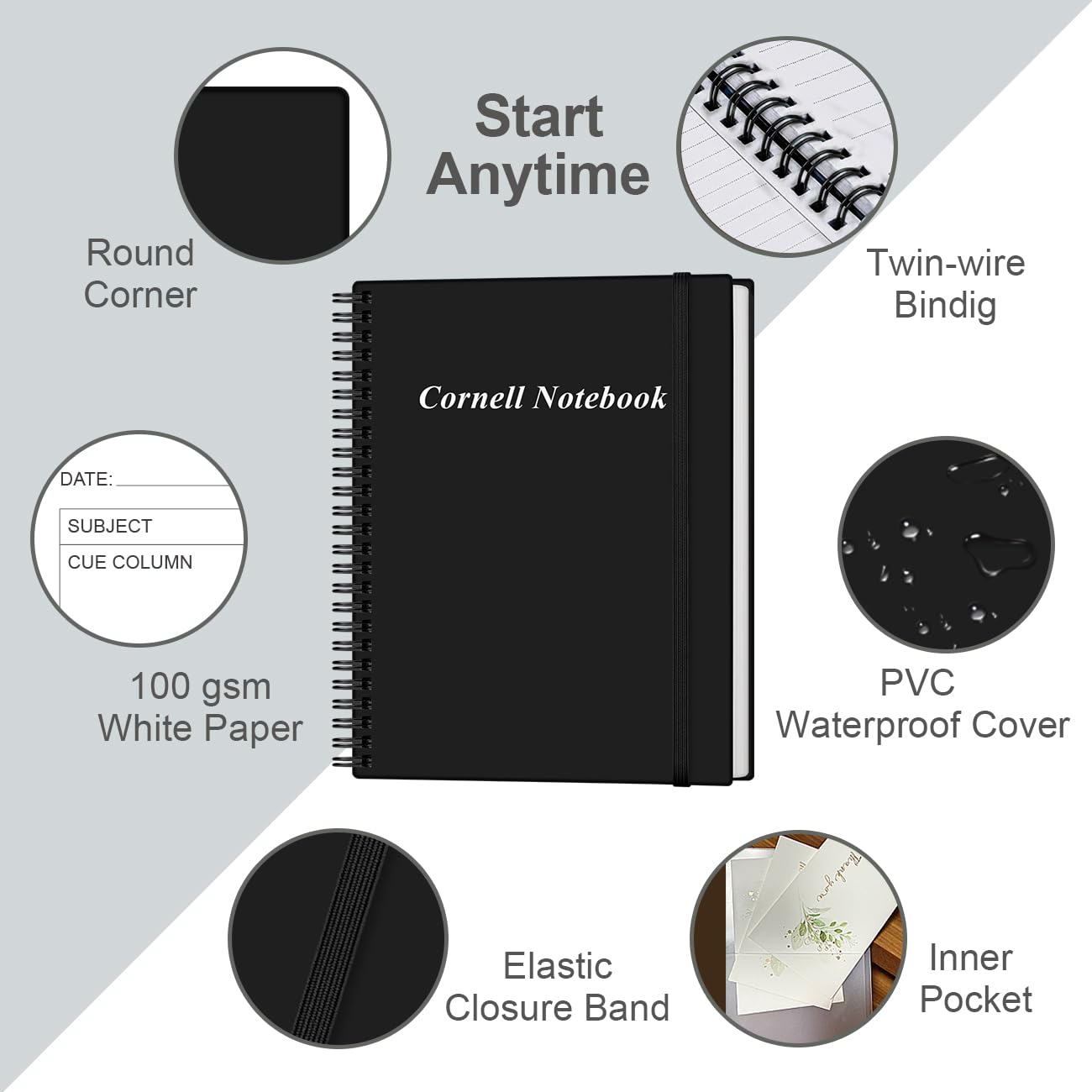 Yaridar Cornell Notes Notizbuch, A4, Spiralnotizbücher für Notizen, liniertes Notizbuch, Steno-Blöcke für Büro/Schule/Uni/Zuhause, 21,6 x 27,9 cm, Schwarz