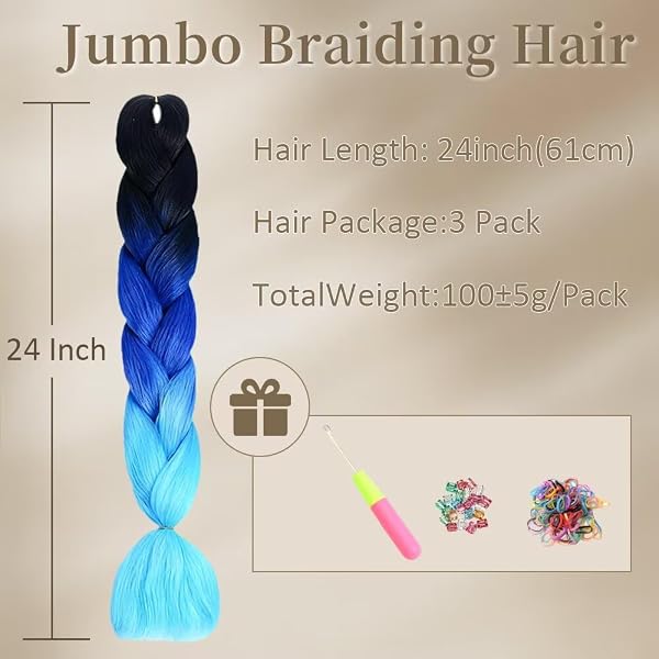 ShowJarlly Kunsthaar Haar, Haar Braids Extension, Ombre Jumbo Haarverlängerung 24", Zöpfe Box Braid Kunsthaar Zum Einflechten Schwarz/Königsblau/Himmelblau# - 2