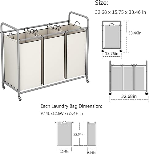 Miniatura 5 de LINZINAR Clasificador de ropa sucia de 3 bolsas, carrito de lavandería con ruedas enrollables resistentes y bolsas extraíbles (beige)
