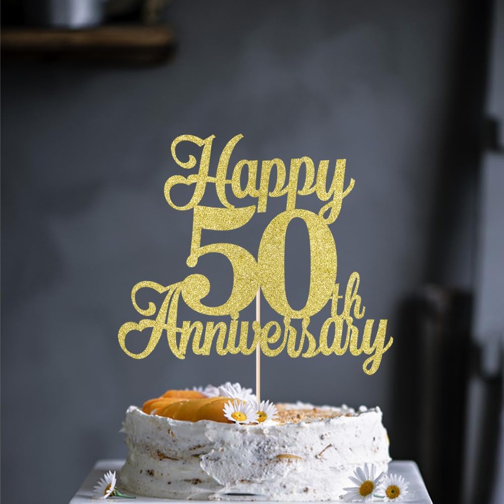 Kaoenla Gold Glitter Happy 50th Anniversary Cake Toppers | 50th Wedding & Company Anniversary, Retirement, Travel & Birthday Party Cake Decor Supplies