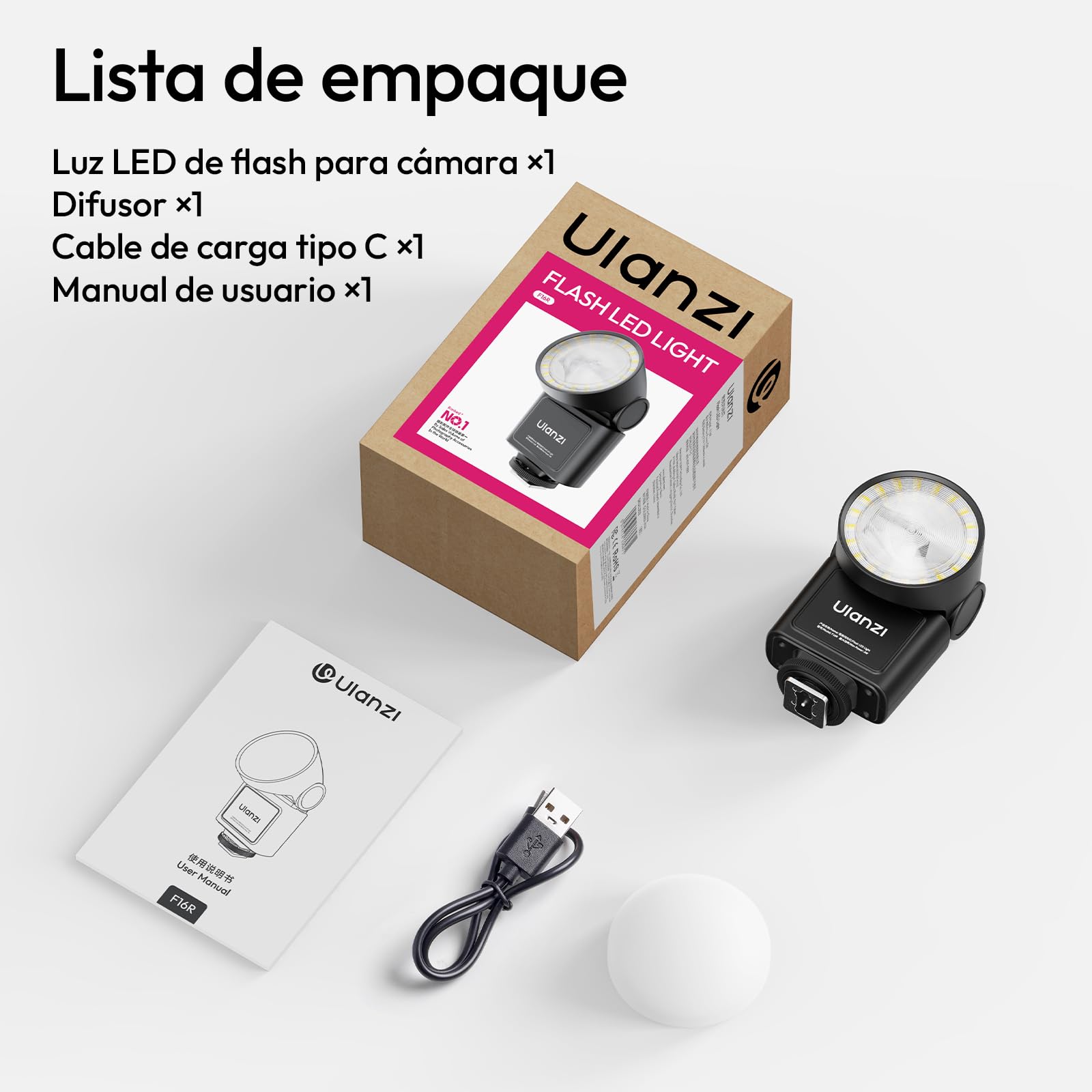 ULANZI F16R Mini cámara flash Speedlite, GN16 2 en 1 flash luz de vídeo, 7 niveles de potencia (1/64~1/1), inclinación de 90°, 2500-6500K, 550 flashes, zapata universal con difusor para Sony, Canon