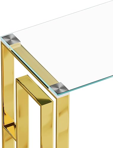 Miniatura 5 de Mesa consola de vidrio templado, mesa de sofá de cristal transparente con marco de acero inoxidable, mesas de entrada doradas para pasillo, sofá,