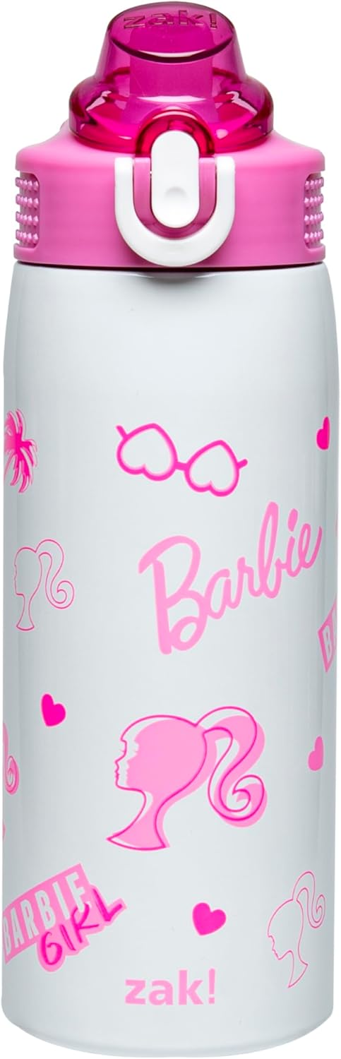 Zak Designs Barbie Sage Kids Water Bottle For School or Travel, 19oz Stainless Steel Water Bottle With Straw, Handle, and Leak-Proof, Pop-Up Spout Cover (Barbie)