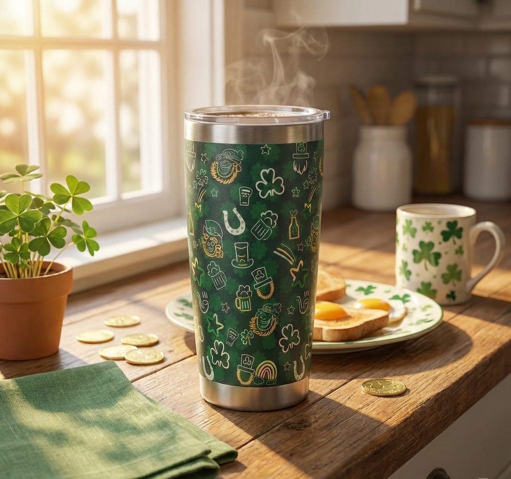 St. Patrick's Day Clover Tumbler with Lid and Straw, 20oz Insulated Stainless Steel Tumbler Cup Double Walled Travel Coffee Mug for Hot & Cold Drinks - Image 2