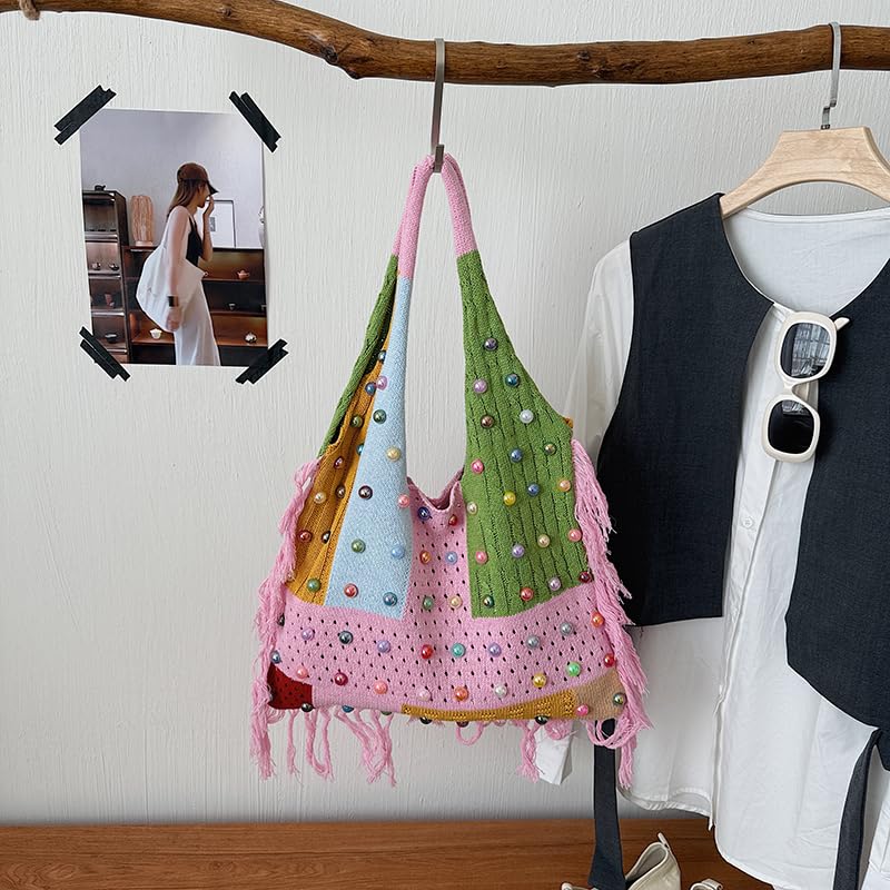 Bolso tote de crochet bohemio estilo playa con cuentas de colores miniatura 3