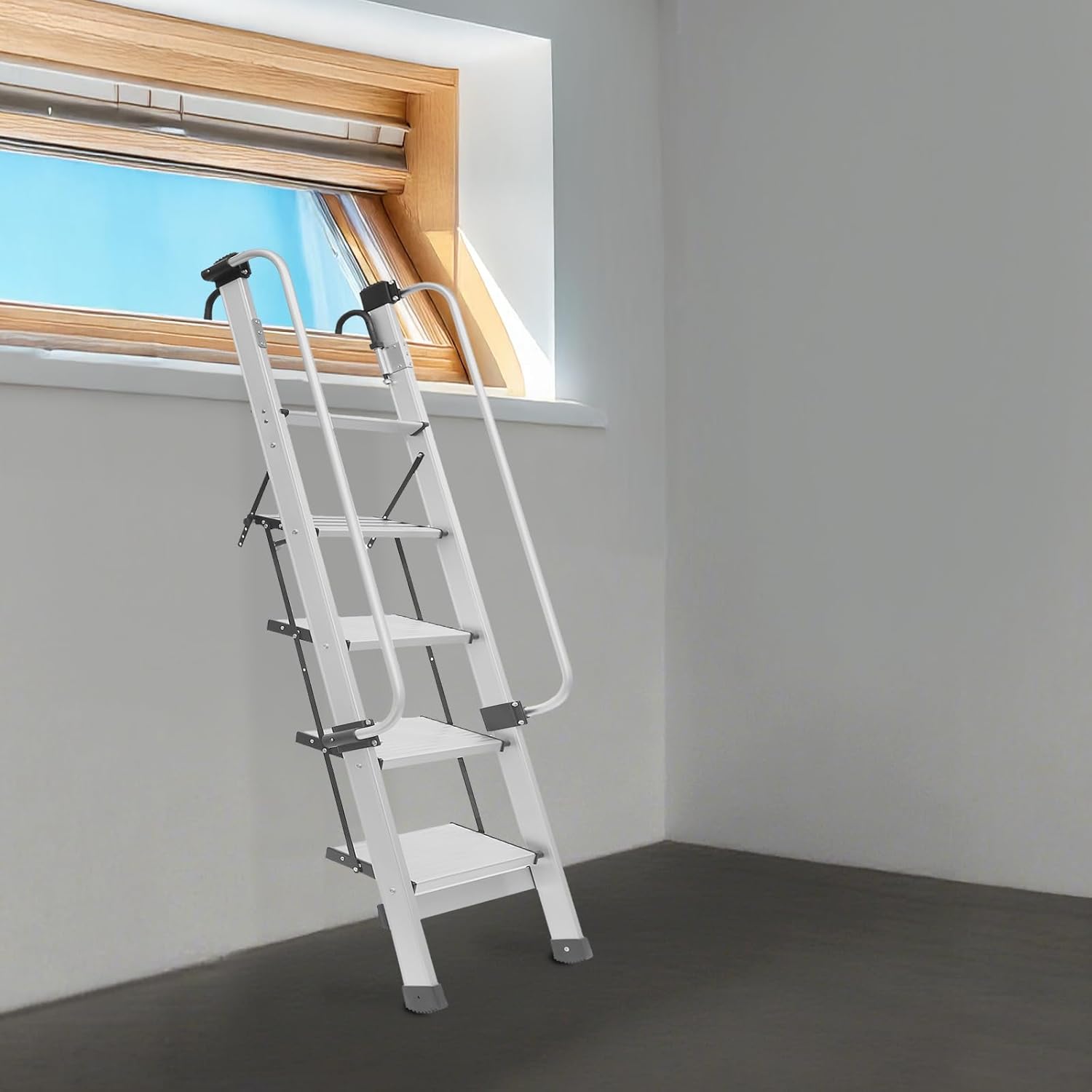 5 Step Aluminium Bunk Bed Ladder, Attic Ladder with Adjustable Handrail and Non-Slip Feet Foldable RV Bunk Ladders Loading Bearing 330.69Lbs for Homes School Dormitories and Apartments