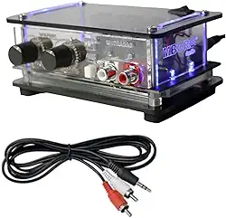 Mini amplificador de som áudio para caixa acústica de som, pc, notebook, tablet, MBORG RC40 com Cabo P2/RCA para casa, loja, salas, consultórios, salas de aula, para caixas acústicas de 30 a 50 w