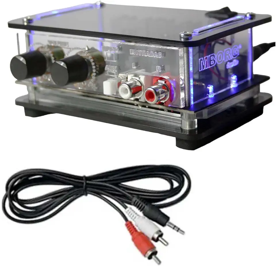 Mini amplificador de som áudio para caixa acústica de som, pc, notebook, tablet, MBORG RC40 com Cabo P2/RCA para casa, loja, salas, consultórios, salas de aula, para caixas acústicas de 30 a 50 w