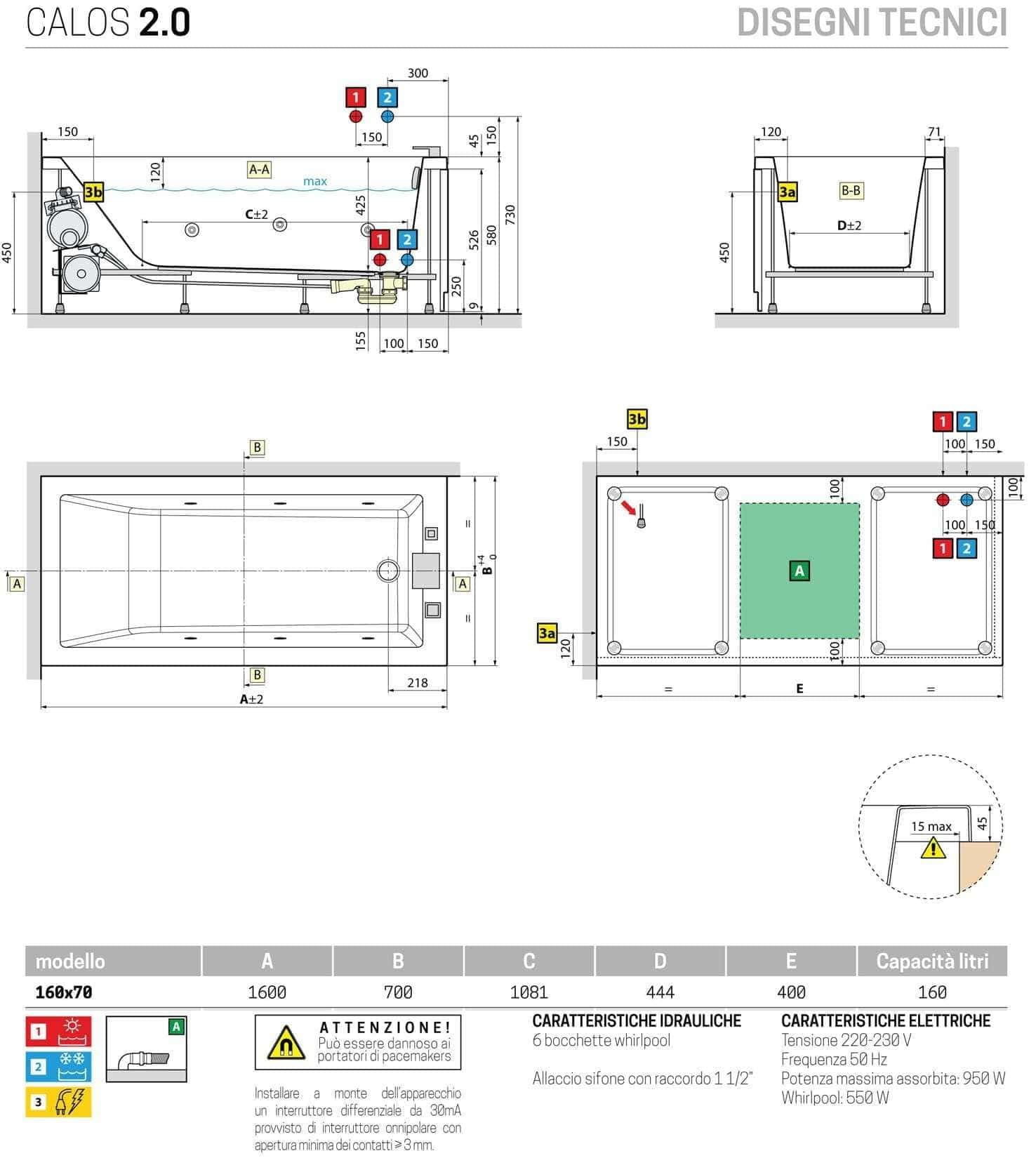 Novellini Calos 2.0 Hydro Dezynfekcja Wanna Boczna Woda 6 Dyszy 160 x 70 H58 cm Odwracalny Prostokątny 1 Panel Przedni 1 Boczny Akryl Biały Błyszczący Kolumna Kran Poduszka Wyświetlacz