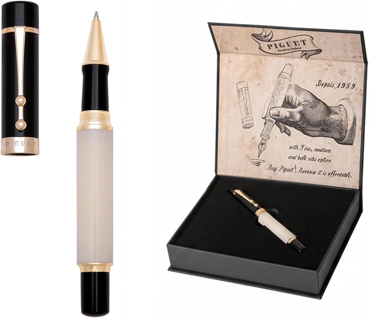 Piguet Genève – Luxury and Ergonomic Fountain & Rollerball Pen – Taurus Series - Medium Nib, Gold Trim, Blue Ink – Gift Boxed with Universal Refill & Converter (Rollerball Pen, Blavit)