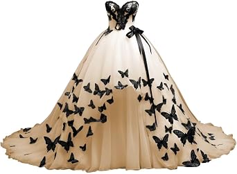 Mauuwy 3D Butterfly Gothic Wedding Dresses for Bride High Low Lace Bridal Gown