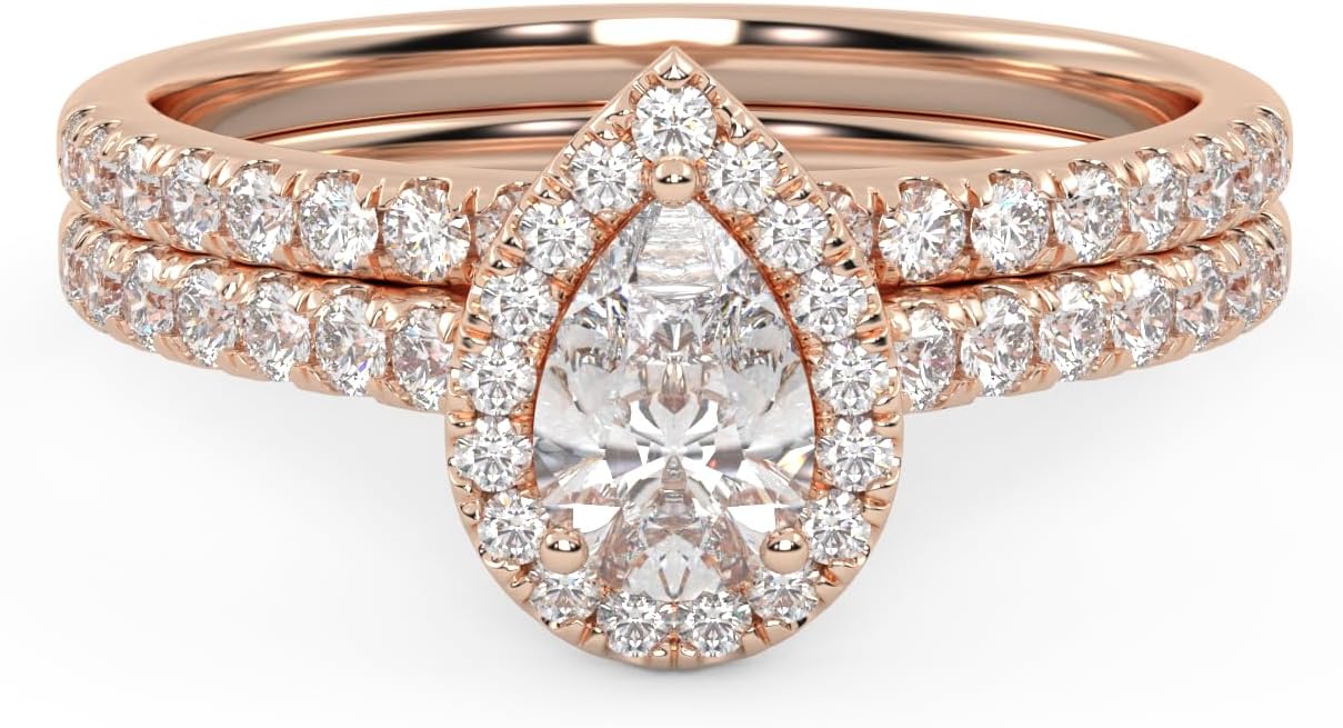 SAVEARTH DIAMONDS Teardrop Halo Bridal Ring Set for Women Center 6X4mm Pear Cut Lab Created Moissanite Engagement Wedding Ring in 10K / 14K Solid Gold OR 925 Sterling Silver