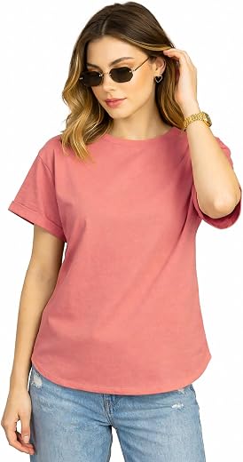 JUNEBERRY® Pure 100% Cotton Oversized Loose Fit Drop Shoulder Round Neck Boyfriend Fit Solid Half Sleeves T-Shirt for Wome
