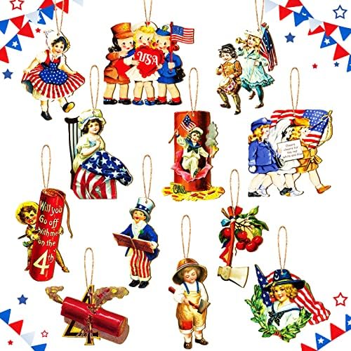 36 Pcs 4th of July Wooden Hanging Ornaments for Tree Patriotic Decor Vintage Independence Day Wood American Flag Star Gnome Ornaments Retro Patriotic Decorations for Home Veterans Memorial Day Decor