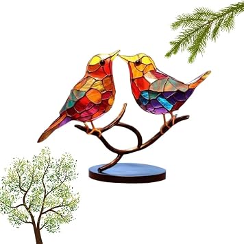 DABATO Stained Glass Birds On Branch Desktop Ornaments, Acrylic Multicolor Hummingbird Craft Statue, Bird Series Alloy Decorations, Stain Glass Ornament for Home and Office Desk Decorations B