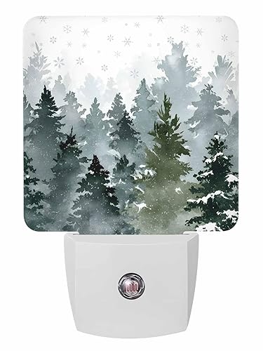 Xmas Night Lights Plug into Wall, Winter Snowy Pine Forest Snowflakes Plug in Night Light with Dusk-to-Dawn Light Sensor, Automatic Dimmable LED Nightlight for Bathroom, Hallway, Kitchen, Stairway