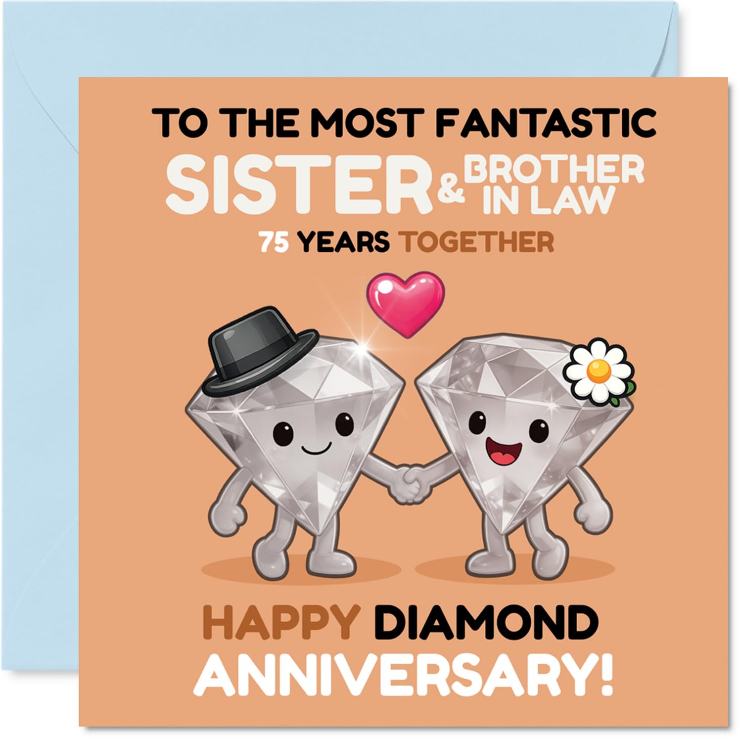 Milestone 75th Anniversary Card for Sister & Brother In Law - Celebrating 75 Sparkling Years - Cute Diamond Characters with a Joyful Vibe - 145mm Square, Envelope Included