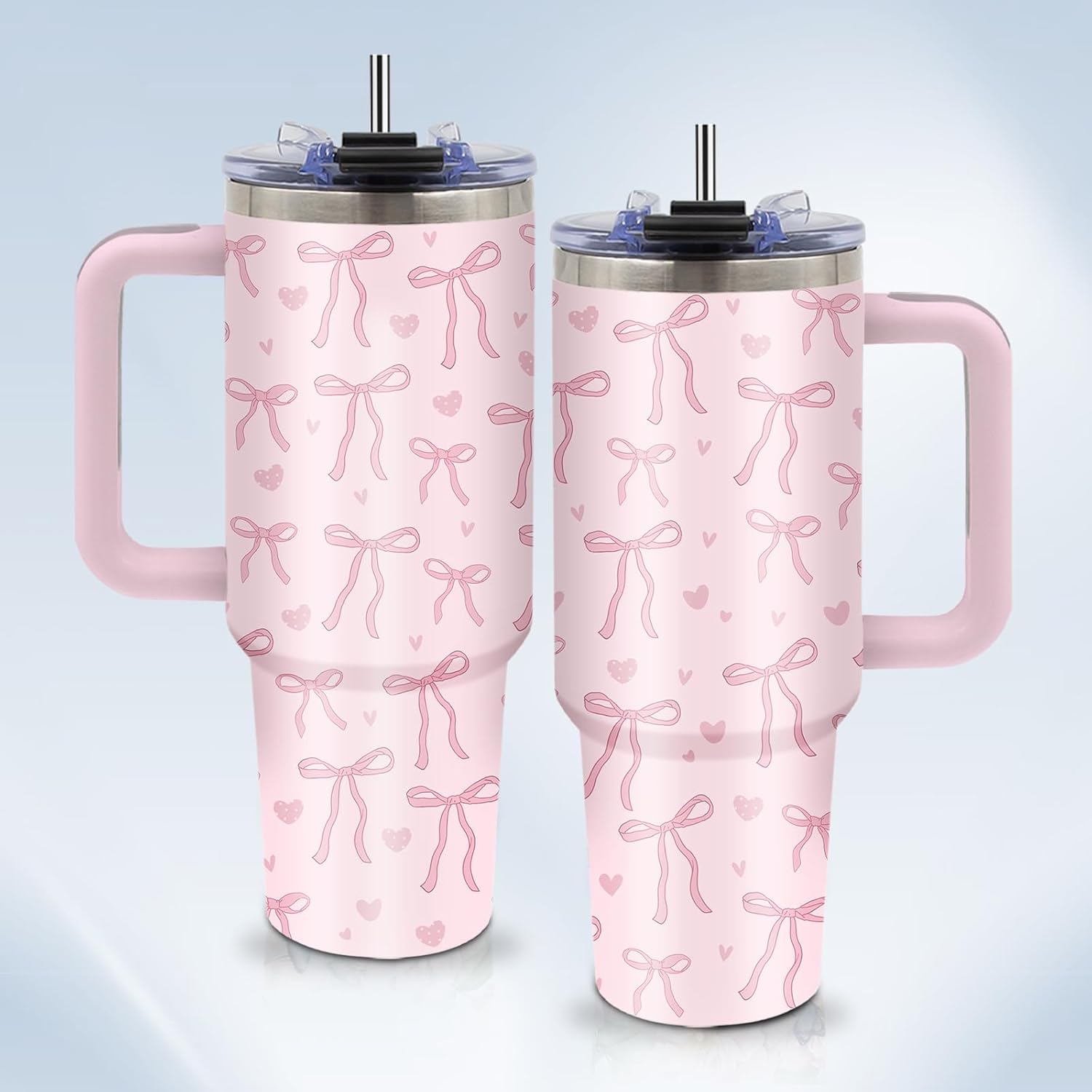 Bow Tumbler 40 oz with Handle - Cute Pink Water Bottle, Coquette Insulated Cup - Le...