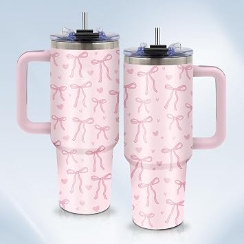 Bow Tumbler 40 oz with Handle - Cute Pink Water Bottle, Coquette Insulated Cup - Leak Proof Tumbler for Girls, Teen Girls - Girly Christmas Gifts for Her