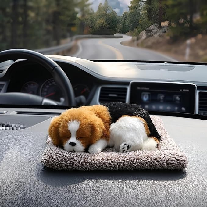 Realistic Sleeping Beagle Plush Dog Figurine on Mat | Lifelike Faux Fur, Car Dashboard Decor, Desk Mascot, 6.7 x 5.5 in Mat, Home Office Ornament-image-30