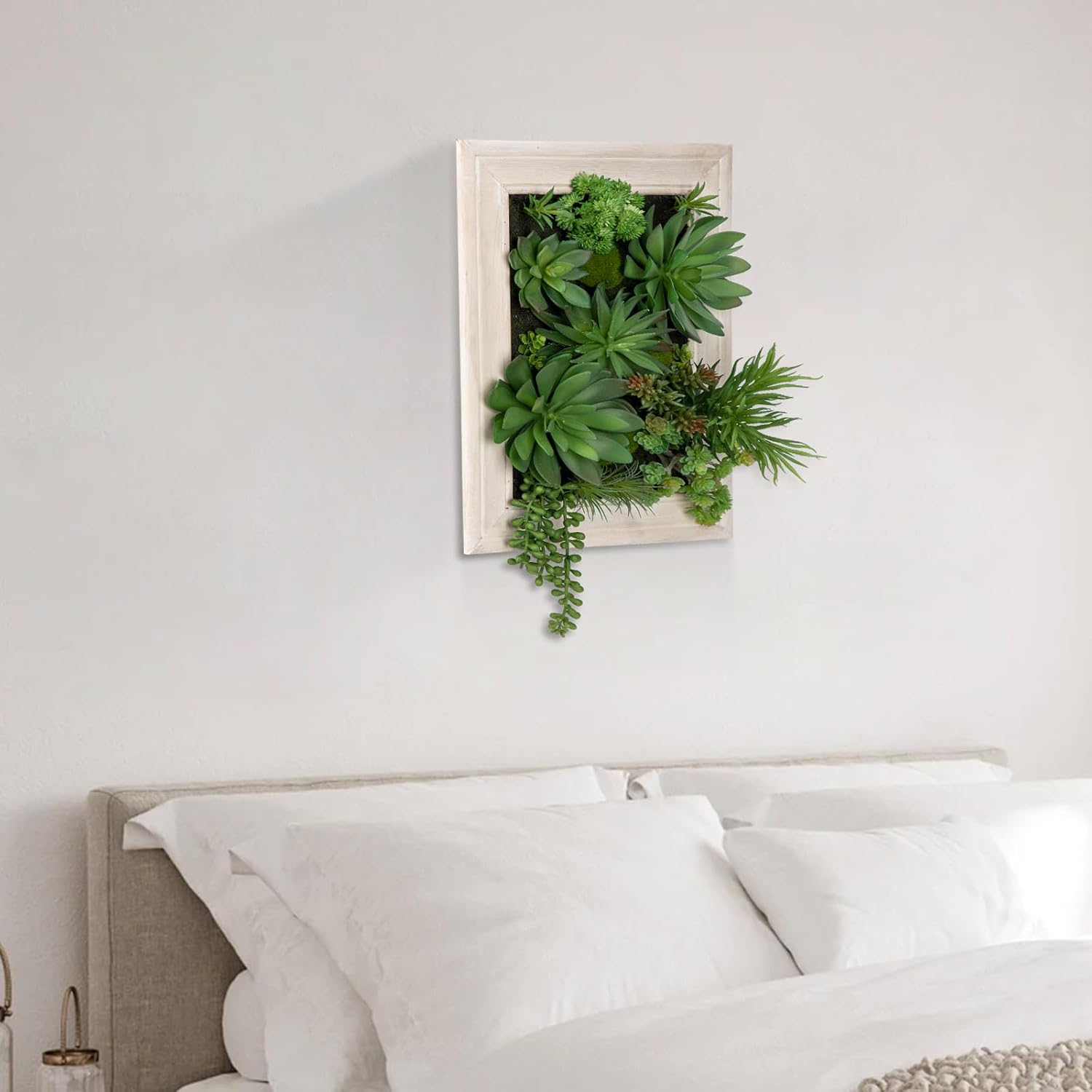 Hollyone White Artificial Succulents Hanging Plants Large Rectangle Wall Shelves with Wooden Planter Fake Hanging Plants for Indoor Outdoor Bedroom Bathroom Boho Wall Decor