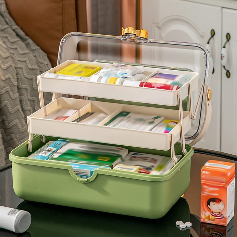 Boîte de médecine d'urgence 3 niveaux en plastique vert avec compartiments