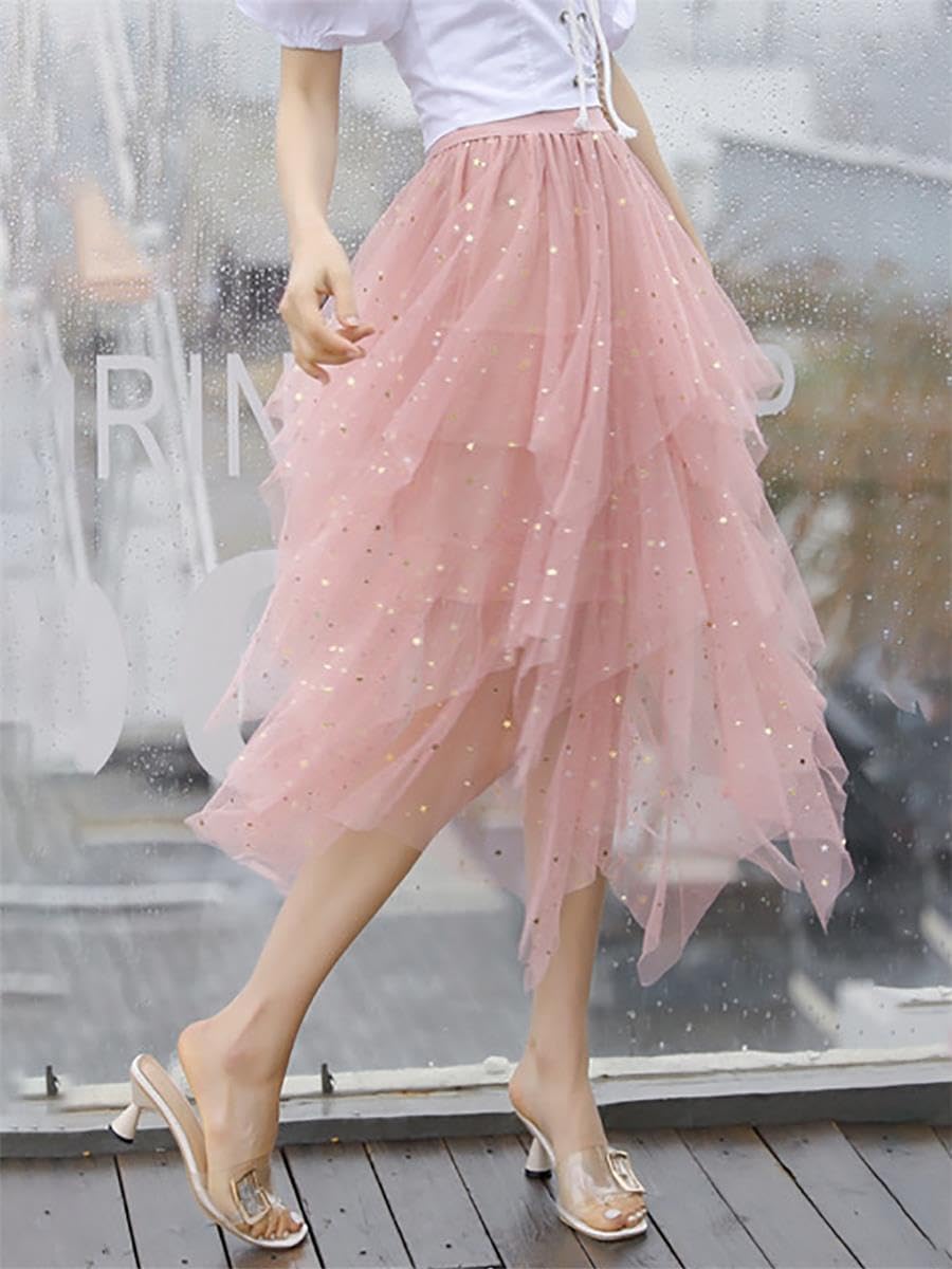 Tulle Skirts for Women Midi Long Fairy Skirt Tutu A-Line Mesh Layered High Elastic Waist Halloween Skirts - Image 3