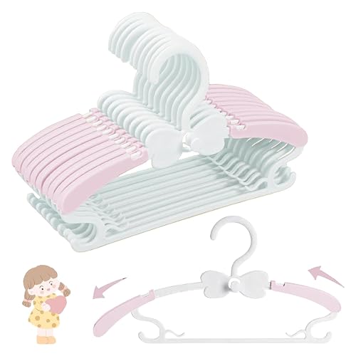 WJWSKI Baby Hangers for Closet 20pcs, Pink Kids Clothes Hanger Plastic, 11-14.5" Adjustable Perchas for Child Dresses, Non-Slip Children Bow Hanger for Girl Toddler Infant Nursery Newborn Clothing
