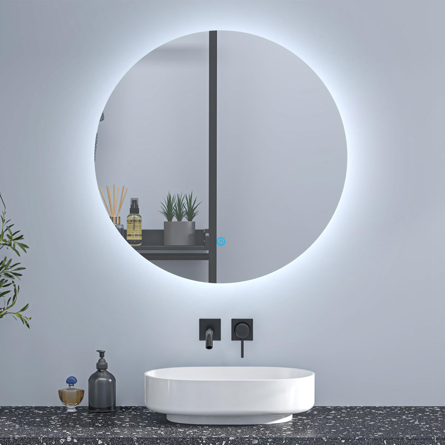 Miroir rond de salle de bain 70cm LED tricolore horloge + loupe + anti-buée