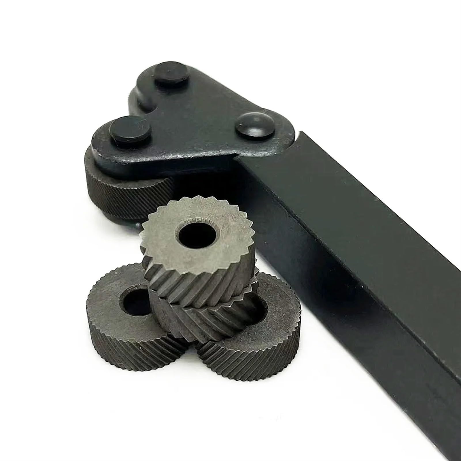 Narzędzie do radełkowania, Opakowanie 7 sztuk: koła radełkowane skośne 0,6/1,0/2,0 mm HSS i stalowy uchwyt do tokarki 16 mm x 18 mm