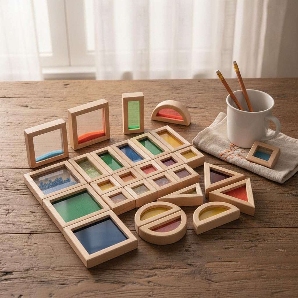 Kinder Bausteine Holzbausteine Acrylblöcke Konstruktionsspielzeug Steckbausteine aus Buchenholz mit Transparenten Fenstern für Hand-Auge-koordination, 23-teilige Acryl-Sensorik-Bausteine