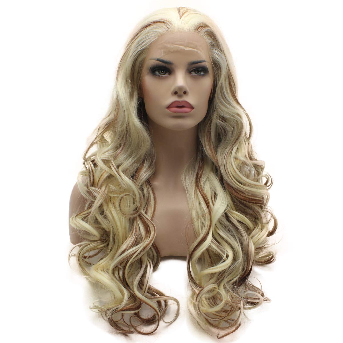 Lushy Hair Lace Front Synthetic Wavy Long 26inch White Blonde Auburn Mix Heat Resistant Heavy Density Realistic Wig