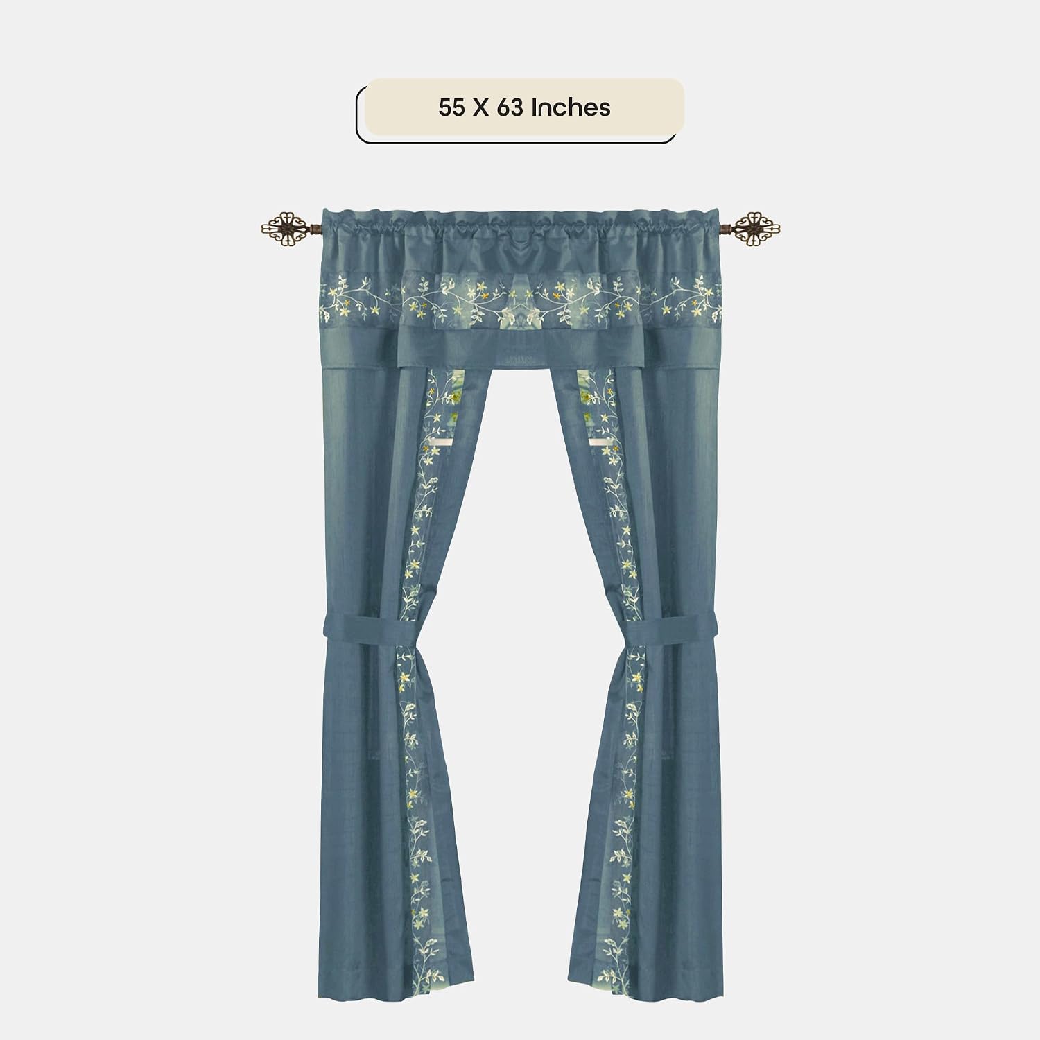 ACHIM Light-Filtering Window Curtain Set - 55 Inch Width, 63 Inch Length - Fairfield Window in a Bag 5 Piece Set (Ice Blue) - Window Treatment Include Valance, Tiebacks & Split Panels Home Decor