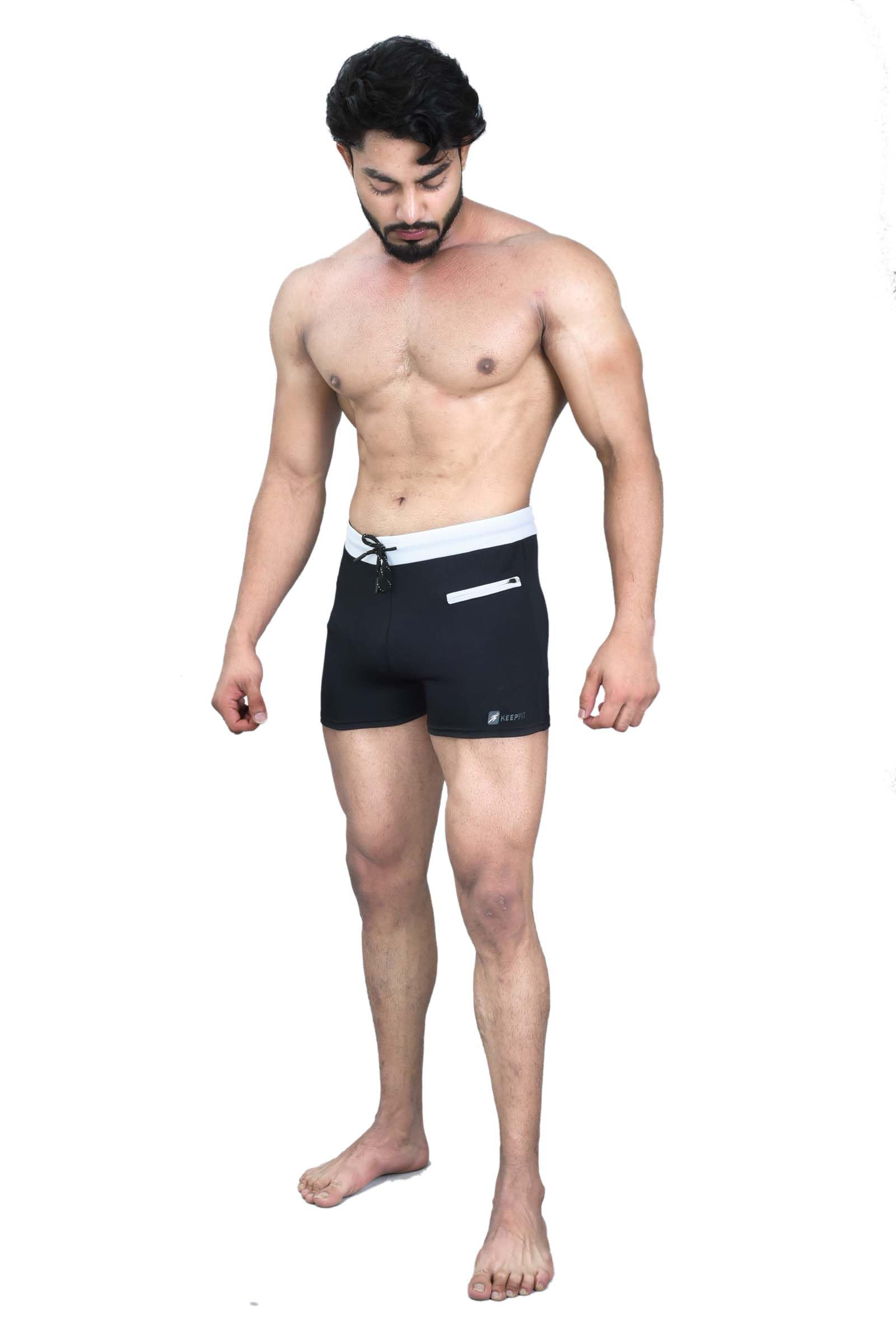 Men's Black Swimming Trunks with Contrast White Waistband-image-38
